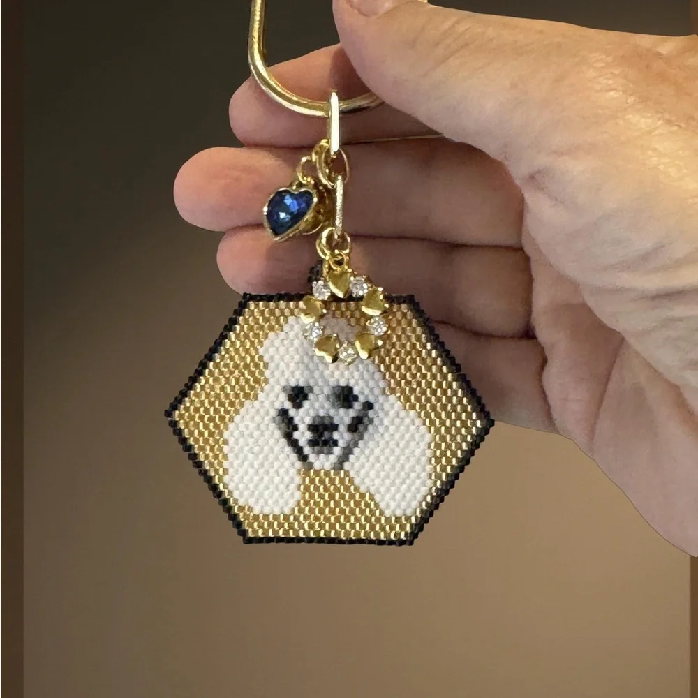 Hand Crafted Beaded White Poodle Face Gold Color Keychain with Charms